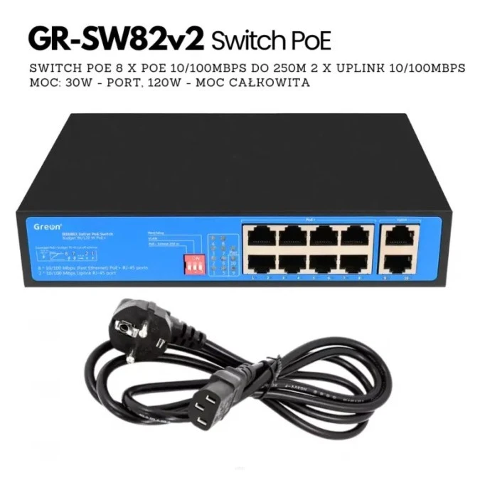 GR ‑ SW82 v2 Switch PoE , 8 PoE, 2 Uplink, 250m do wideodomofonów IP, kamer IP