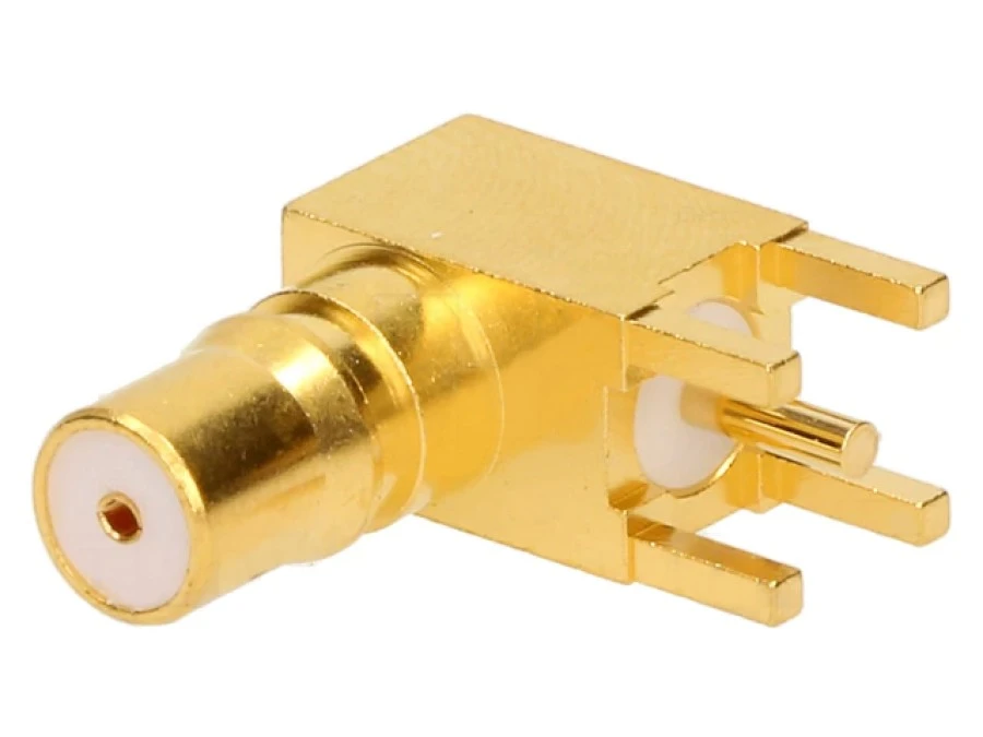Gniazdo QMA żeńskie kątowe 90 50 THT na PCB teflon złocony 1408337‑1
