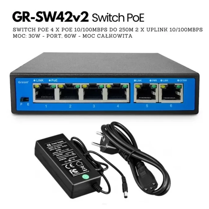 GR ‑ SW42 v2 Switch PoE , 6 PoE, 2 Uplink, 250m do wideodomofonów IP, kamer IP
